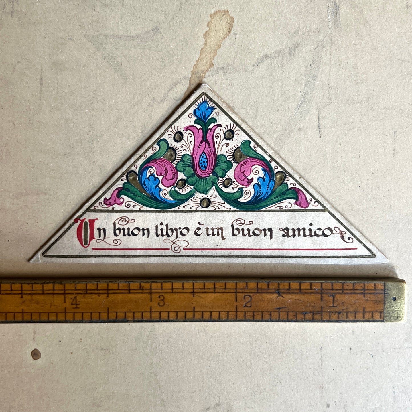 Antique Italian Hand-painted Corner Bookmark - "Un Buon Libro..."